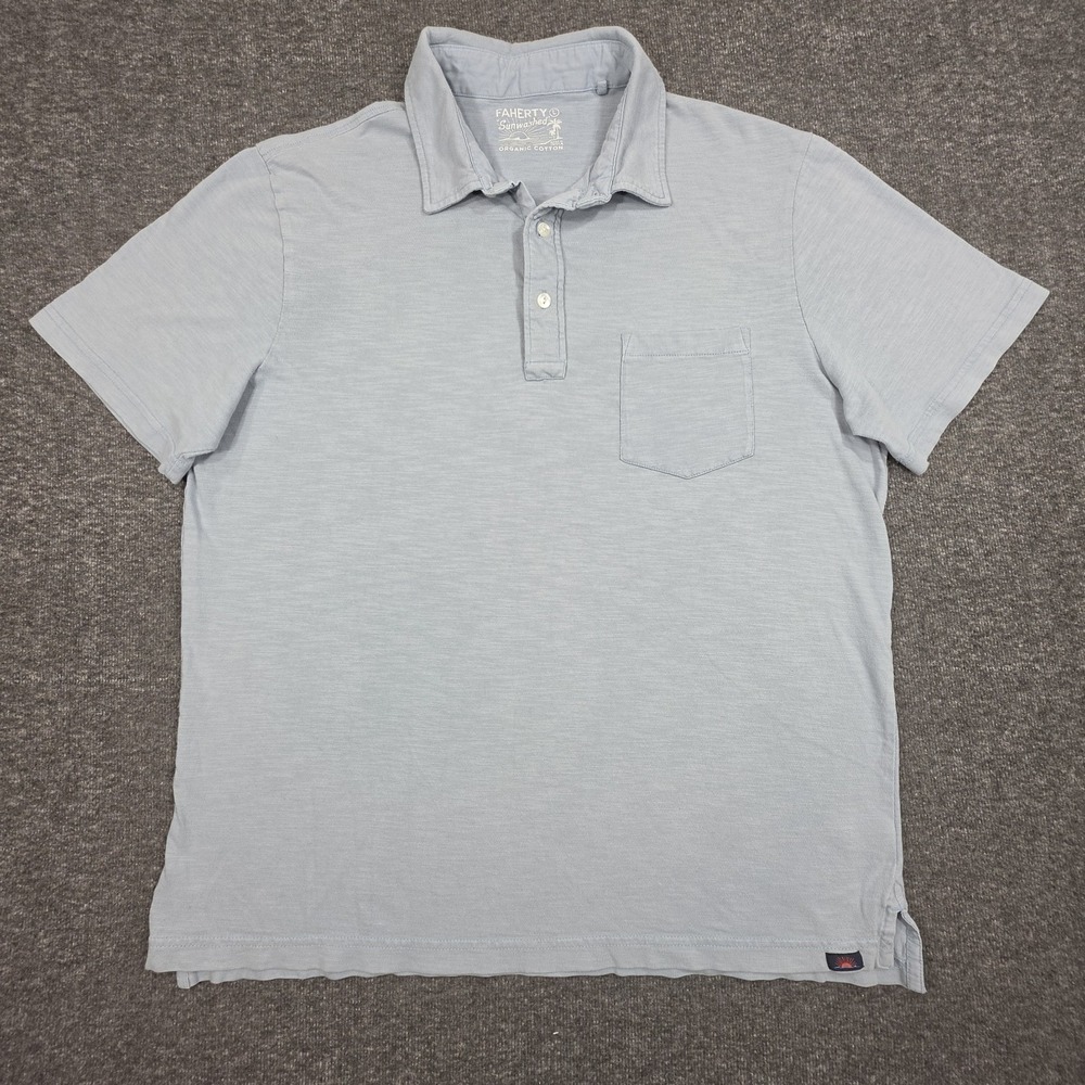 Faherty Polo Shirt Mens Size Large Blue Sunwashed Organic Cotton Pocket Casual